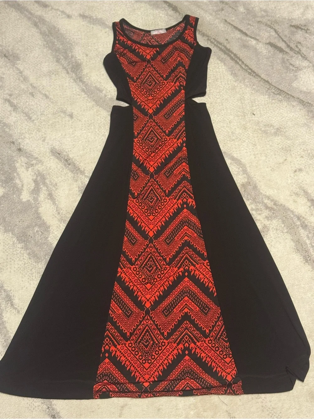 Sleeveless Black & Red Patterned Panel Maxi Dress